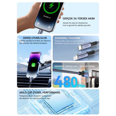 Veggieg 27W 3A USB Type-C to Lightning iPhone iPad MFI Uyumlu Hızlı Şarj ve Data Senkronizasyon Kablosu 1.2 Metre - 3
