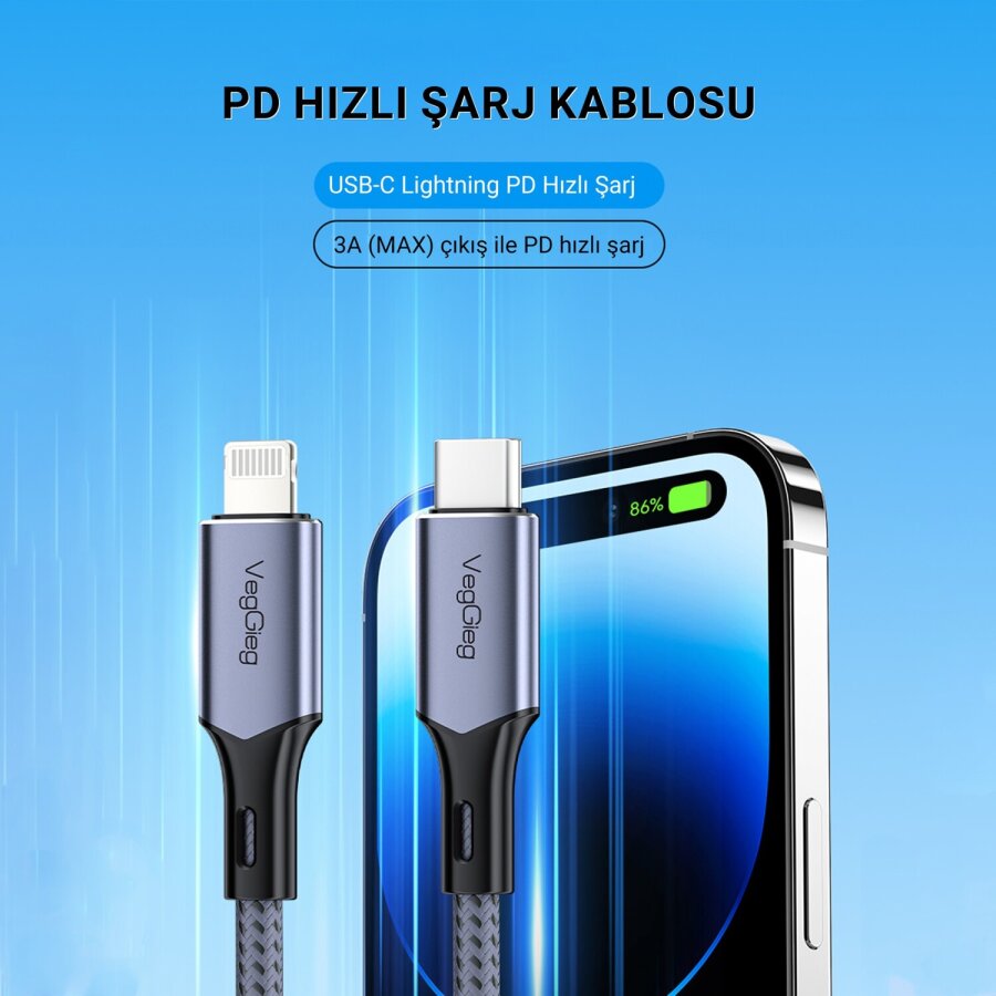 Veggieg 27W 3A USB Type-C to Lightning iPhone iPad MFI Uyumlu Hızlı Şarj ve Data Senkronizasyon Kablosu 2 Metre  - 2