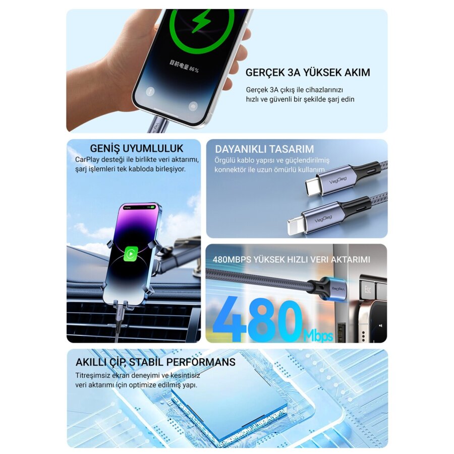 Veggieg 27W 3A USB Type-C to Lightning iPhone iPad MFI Uyumlu Hızlı Şarj ve Data Senkronizasyon Kablosu 2 Metre  - 3