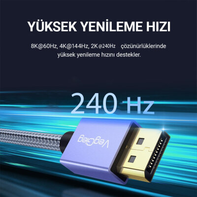 VegGieg 8K/60Hz 4K/165Hz 2K/240Hz DisplayPort 1.4 Kablo 2 Metre - 3