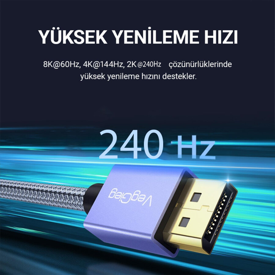 VegGieg 8K/60Hz 4K/165Hz 2K/240Hz DisplayPort 1.4 Kablo 2 Metre - 3