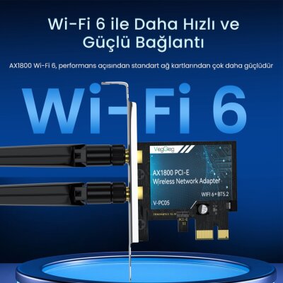 VegGieg AX1800 Wi-Fi 6 Alıcı ve Bluetooth 5.2 Adaptör 5DB Dual Anten PCIe Wifi Ağ Kartı - 3