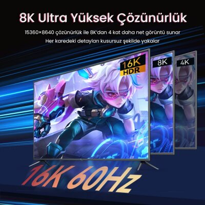 VegGieg Displayport 16K 60Hz 8K 240Hz 4K 240Hz 80 Gbps HDR ARC Örgülü DP 2.1 Kablo 1 Metre - 3