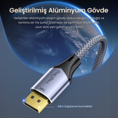 VegGieg Displayport 16K 60Hz 8K 240Hz 4K 240Hz 80 Gbps HDR ARC Örgülü DP 2.1 Kablo 3 Metre - 2