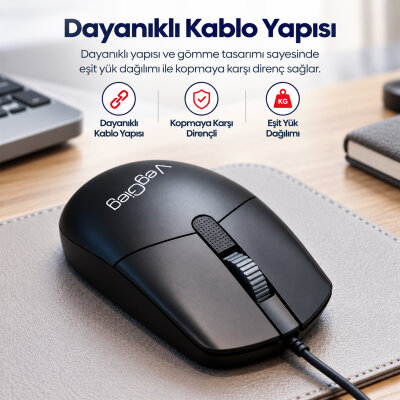 VegGieg G005 Optik 3 Tuşlu Sağ ve Sol Elle Kullanıma Uygun USB Kablolu Mouse Siyah - 2