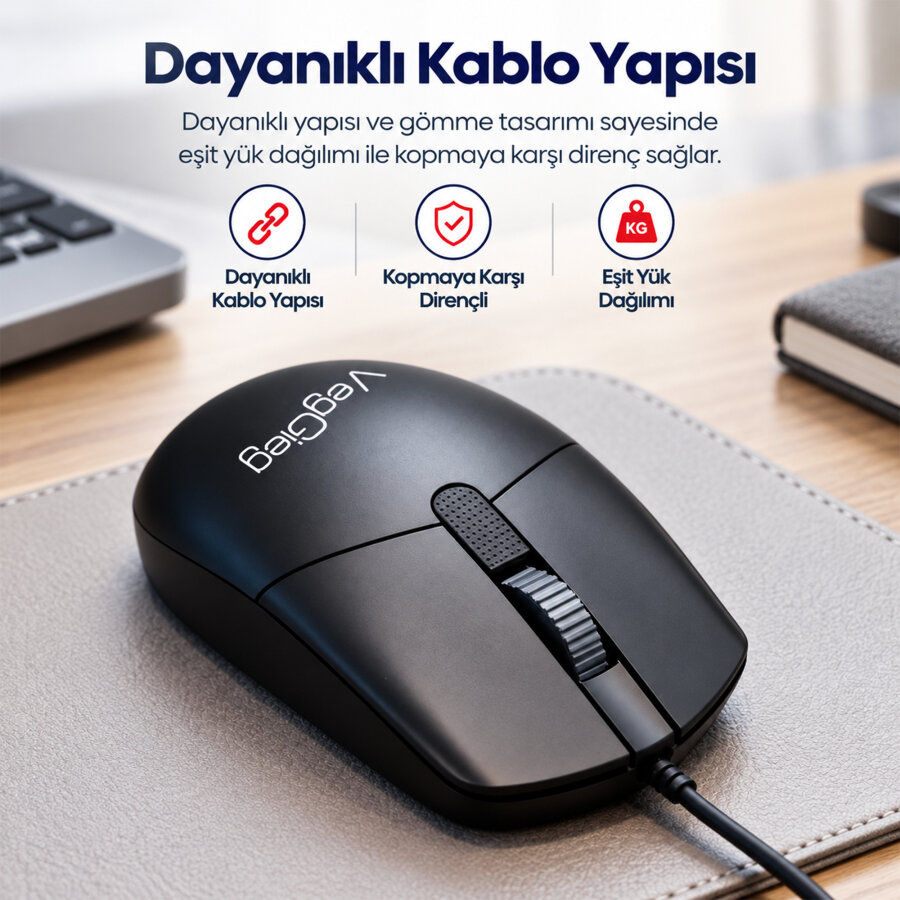 VegGieg G005 Optik 3 Tuşlu Sağ ve Sol Elle Kullanıma Uygun USB Kablolu Mouse Siyah - 2