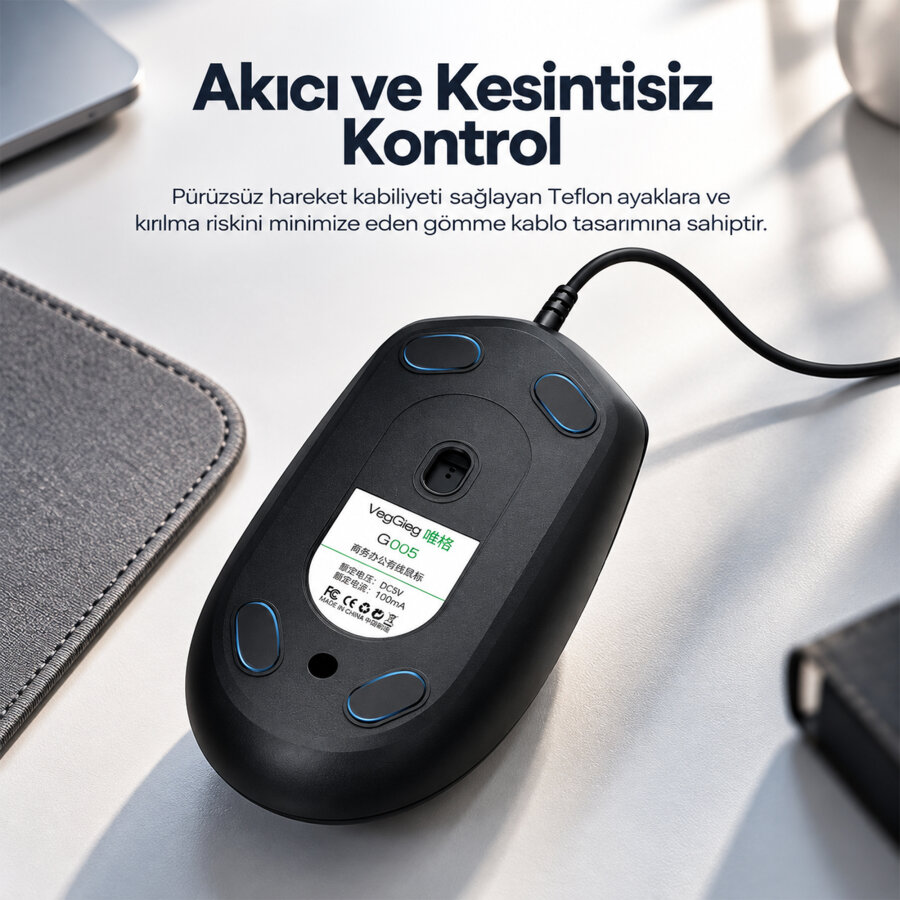 VegGieg G005 Optik 3 Tuşlu Sağ ve Sol Elle Kullanıma Uygun USB Kablolu Mouse Siyah - 3