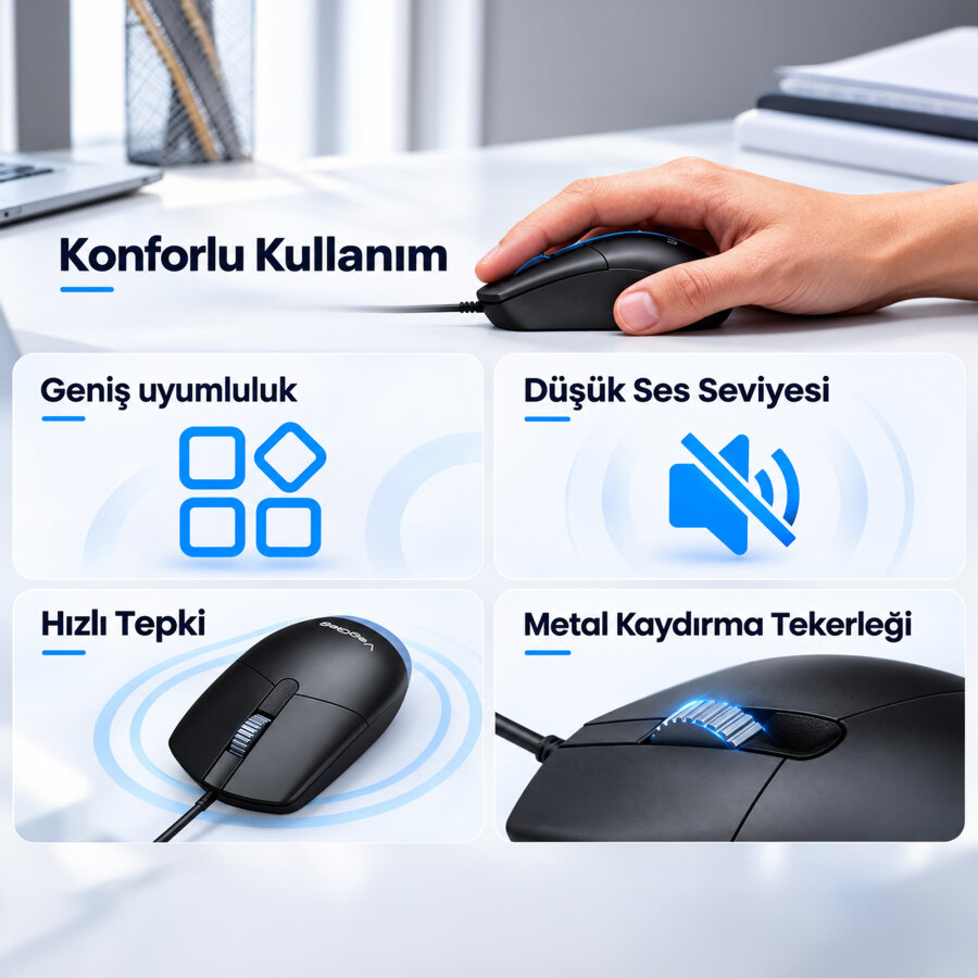 VegGieg G005 Optik 3 Tuşlu Sağ ve Sol Elle Kullanıma Uygun USB Kablolu Mouse Siyah - 4