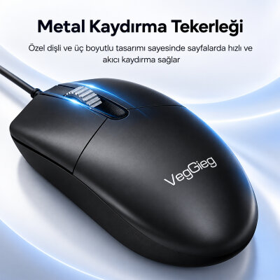 VegGieg G005 Optik 3 Tuşlu Sağ ve Sol Elle Kullanıma Uygun USB Kablolu Mouse Siyah - 5