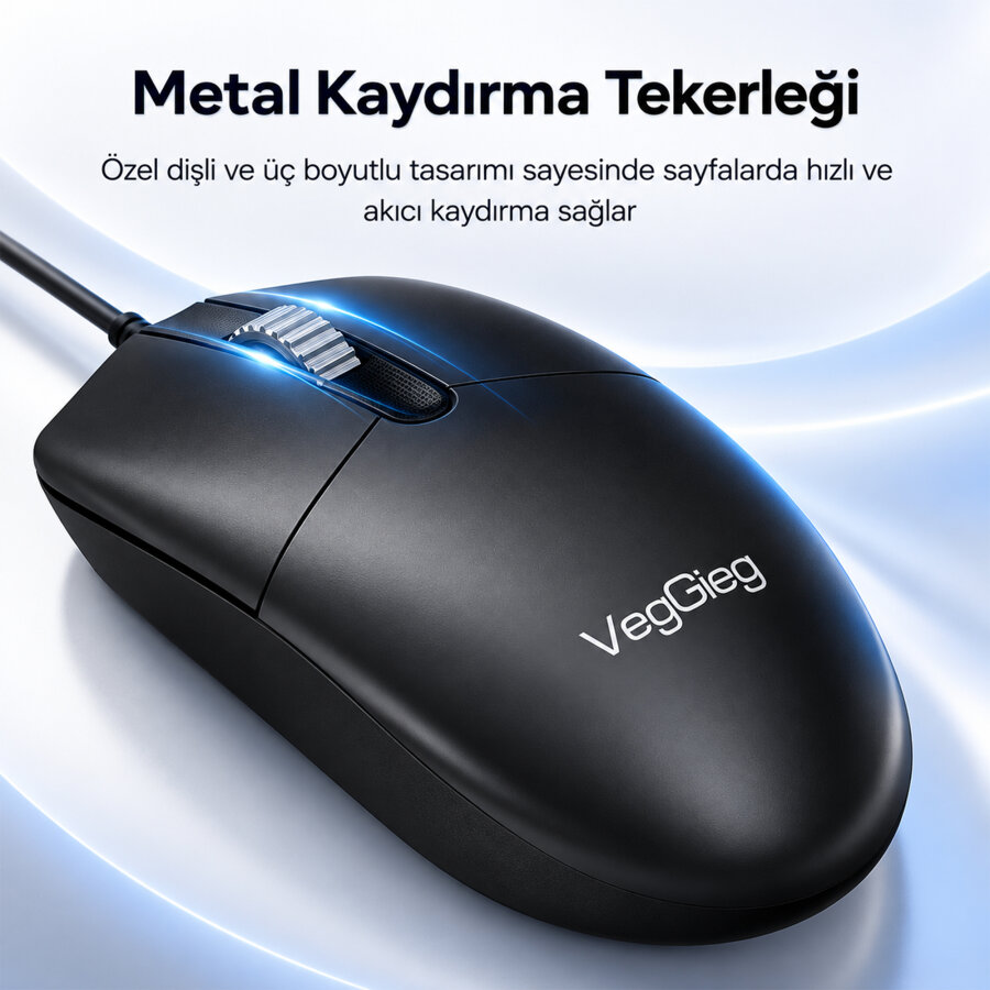 VegGieg G005 Optik 3 Tuşlu Sağ ve Sol Elle Kullanıma Uygun USB Kablolu Mouse Siyah - 5