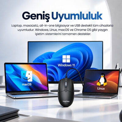 VegGieg G005 Optik 3 Tuşlu Sağ ve Sol Elle Kullanıma Uygun USB Kablolu Mouse Siyah - 6