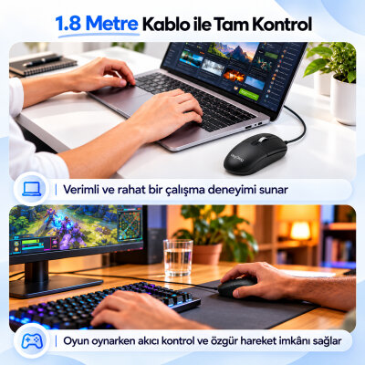 VegGieg G005 Optik 3 Tuşlu Sağ ve Sol Elle Kullanıma Uygun USB Kablolu Mouse Siyah - 7