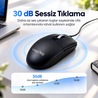 VegGieg G005 Optik 3 Tuşlu Sağ ve Sol Elle Kullanıma Uygun USB Kablolu Mouse Siyah - 8