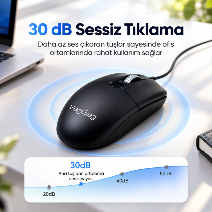 VegGieg G005 Optik 3 Tuşlu Sağ ve Sol Elle Kullanıma Uygun USB Kablolu Mouse Siyah - 8