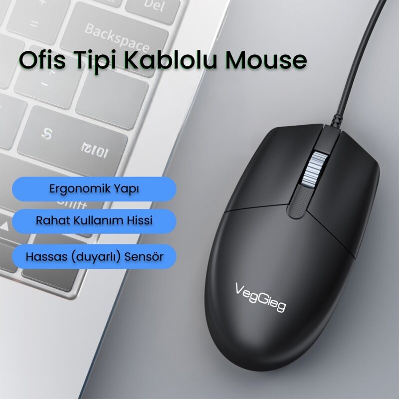 VegGieg G005 Optik 3 Tuşlu Sağ ve Sol Elle Kullanıma Uygun USB Kablolu Mouse Siyah - 2