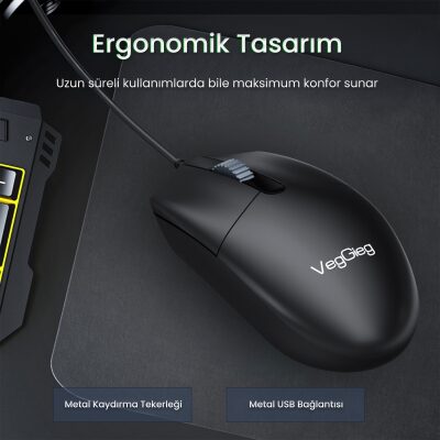 VegGieg G005 Optik 3 Tuşlu Sağ ve Sol Elle Kullanıma Uygun USB Kablolu Mouse Siyah - 3