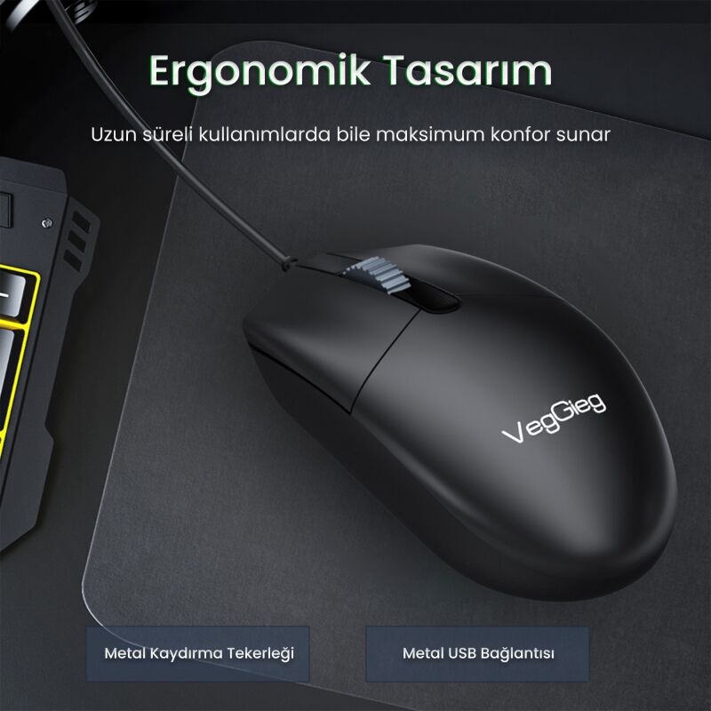VegGieg G005 Optik 3 Tuşlu Sağ ve Sol Elle Kullanıma Uygun USB Kablolu Mouse Siyah - 3