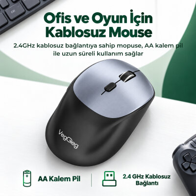 VegGieg G800 Kablosuz 2.4GHz 3600DPI Optik Mouse Gri - 3