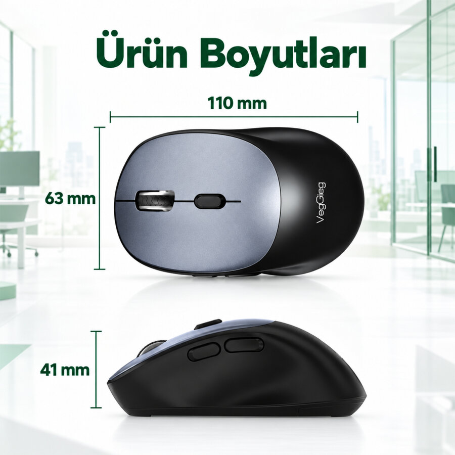 VegGieg G800 Kablosuz 2.4GHz 3600DPI Optik Mouse Gri - 8