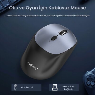 VegGieg G800 Kablosuz 2.4GHz 3600DPI Optik Mouse Gri - 3