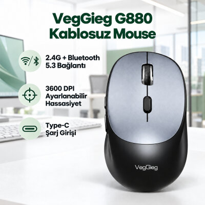 VegGieg G880 Dual-Mode Bluetooth 5.3 ve 2.4GHz 3600DPI Optik Kablosuz Mouse Gri - 2