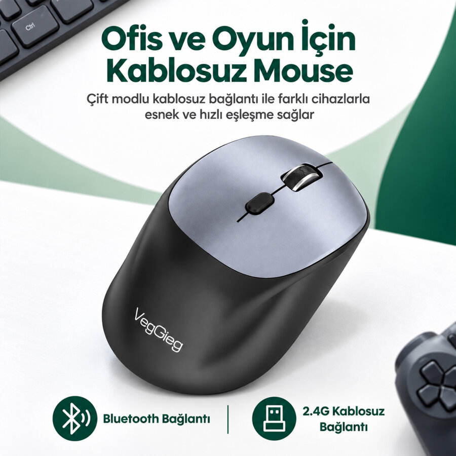 VegGieg G880 Dual-Mode Bluetooth 5.3 ve 2.4GHz 3600DPI Optik Kablosuz Mouse Gri - 3