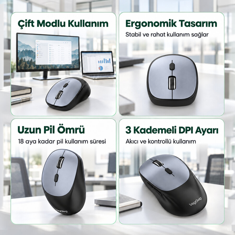 VegGieg G880 Dual-Mode Bluetooth 5.3 ve 2.4GHz 3600DPI Optik Kablosuz Mouse Gri - 7