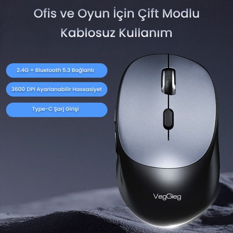 VegGieg G880 Dual-Mode Bluetooth 5.3 ve 2.4GHz 3600DPI Optik Kablosuz Mouse Gri - 2