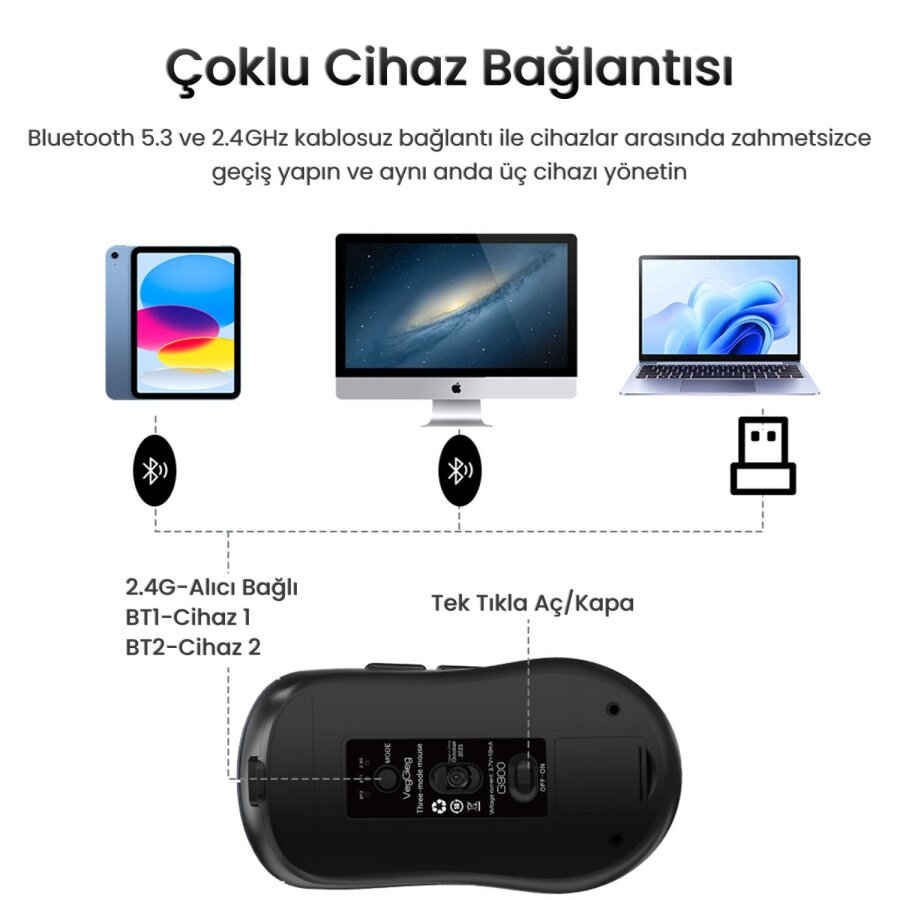VegGieg G900 Dual-Mode Bluetooth 5.3 ve 2.4GHz 3600DPI Ekranlı Şarjlı Optik Kablosuz Mouse Siyah - 5
