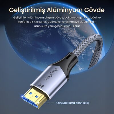 VegGieg HDMI 2.1 8K 60Hz 4K 120Hz 48 Gbps HDR eARC HDCP 2.2 Örgülü Ses ve Görüntü Kablosu 1.5 Metre - 2