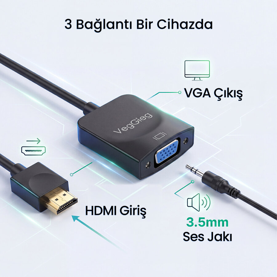 Veggieg HDMI to VGA Çevirici Adaptör 3.5mm Ses Çıkışlı Full HD 1080P 60Hz - 8