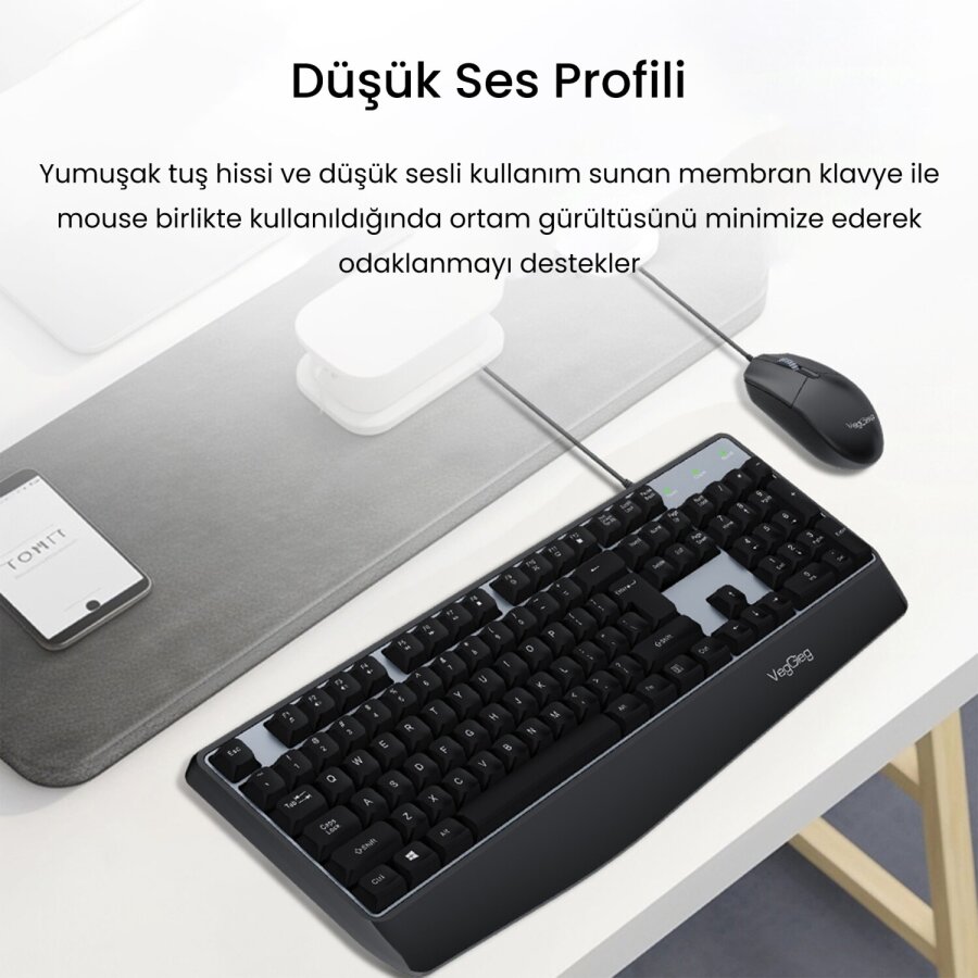 VegGieg MK500A Ergonomik Kablolu Türkçe Q Klavye Mouse Seti Siyah - 2
