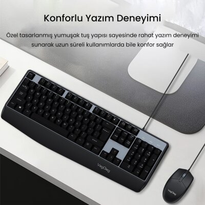 VegGieg MK500A Ergonomik Kablolu Türkçe Q Klavye Mouse Seti Siyah - 3