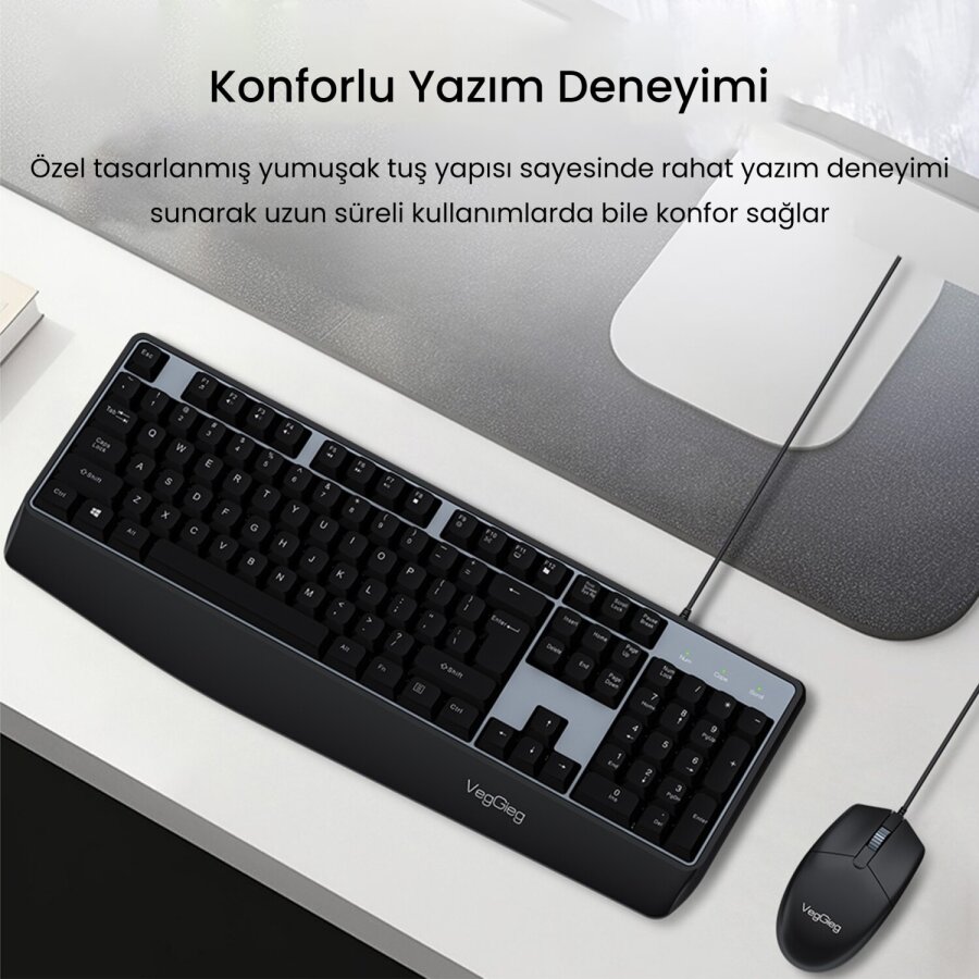 VegGieg MK500A Ergonomik Kablolu Türkçe Q Klavye Mouse Seti Siyah - 3