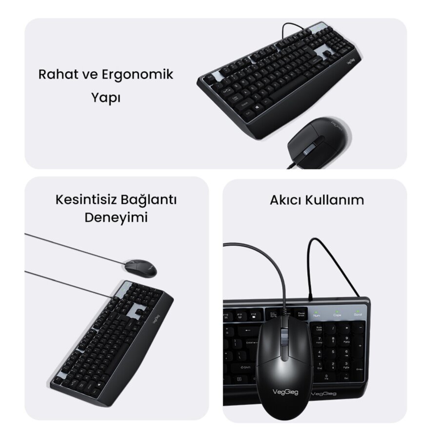 VegGieg MK500A Ergonomik Kablolu Türkçe Q Klavye Mouse Seti Siyah - 5