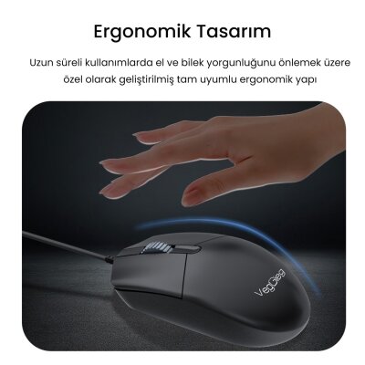 VegGieg MK500A Ergonomik Kablolu Türkçe Q Klavye Mouse Seti Siyah - 6