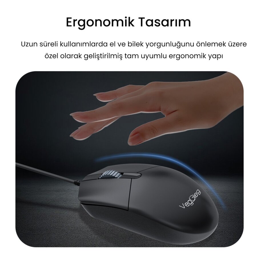 VegGieg MK500A Ergonomik Kablolu Türkçe Q Klavye Mouse Seti Siyah - 6