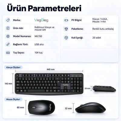 VegGieg MK700 2.4GHz Kablosuz Multimedia Türkçe Q Klavye Mouse Seti - 7
