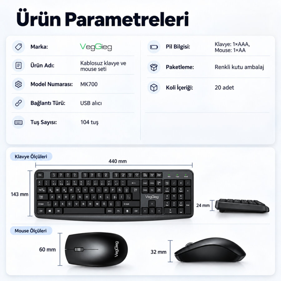 VegGieg MK700 2.4GHz Kablosuz Multimedia Türkçe Q Klavye Mouse Seti - 7