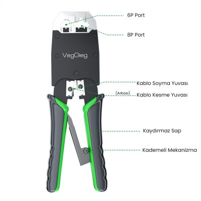 VegGieg RJ45 RJ11 RJ12 Jack Çakma Pensesi 6P/8P Ağ ve Telefon Kablosu Jak Kesme Soyma Sıkma Aleti - 11