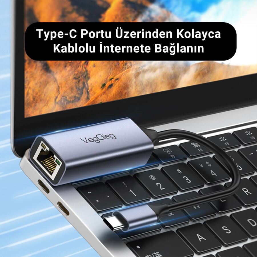 VegGieg Type-C 1000Mbps Gigabit Ethernet Adaptörü PC Mac Konsol Tv Box Uyumlu - 3