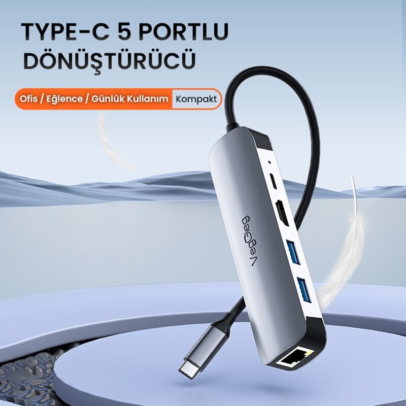 VegGieg Type-C PD100W 5 Portlu 4K 30Hz HDMI 100Mbps Ethernet USB 2.0 + USB 3.0 Çoklayıcı Hub - 2