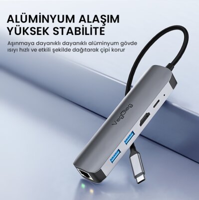 VegGieg Type-C PD100W 5 Portlu 4K 30Hz HDMI 100Mbps Ethernet USB 2.0 + USB 3.0 Çoklayıcı Hub - 8