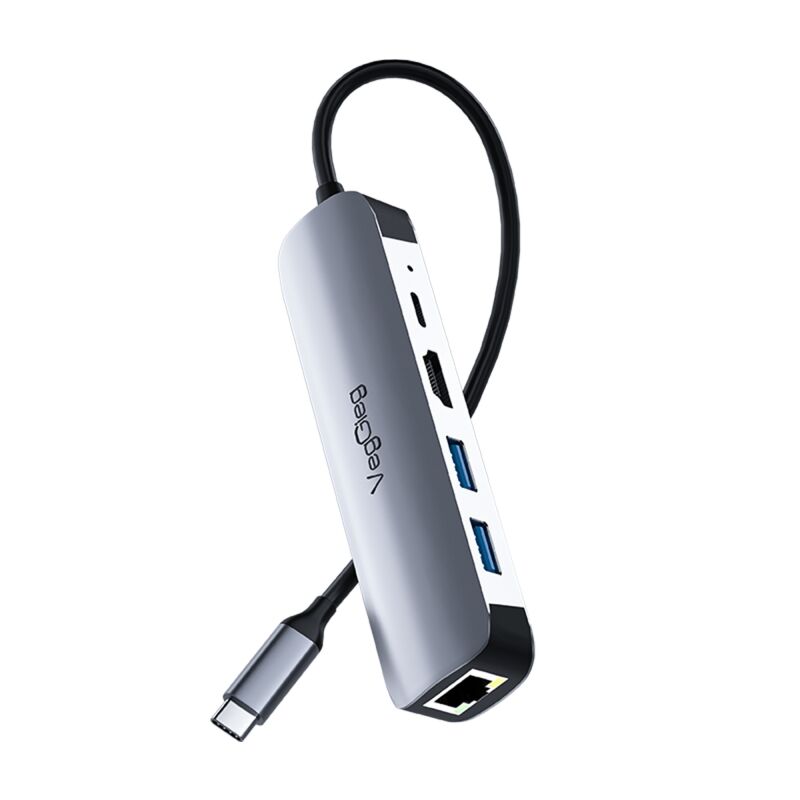 VegGieg Type-C PD100W 5 Portlu 4K 30Hz HDMI 100Mbps Ethernet USB 2.0 + USB 3.0 Çoklayıcı Hub - 1
