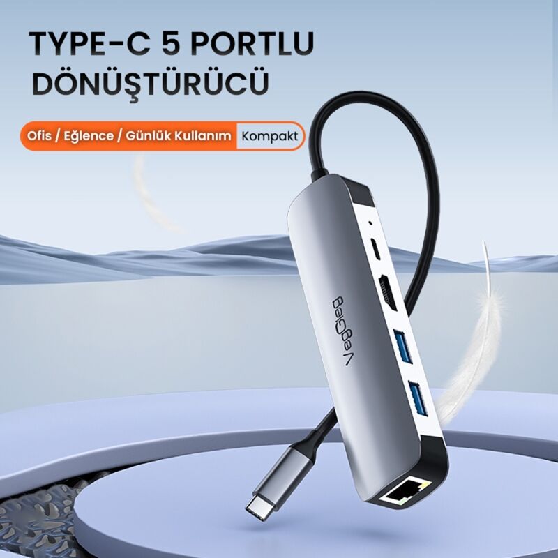 VegGieg Type-C PD100W 5 Portlu 4K 30Hz HDMI 100Mbps Ethernet USB 2.0 + USB 3.0 Çoklayıcı Hub - 2