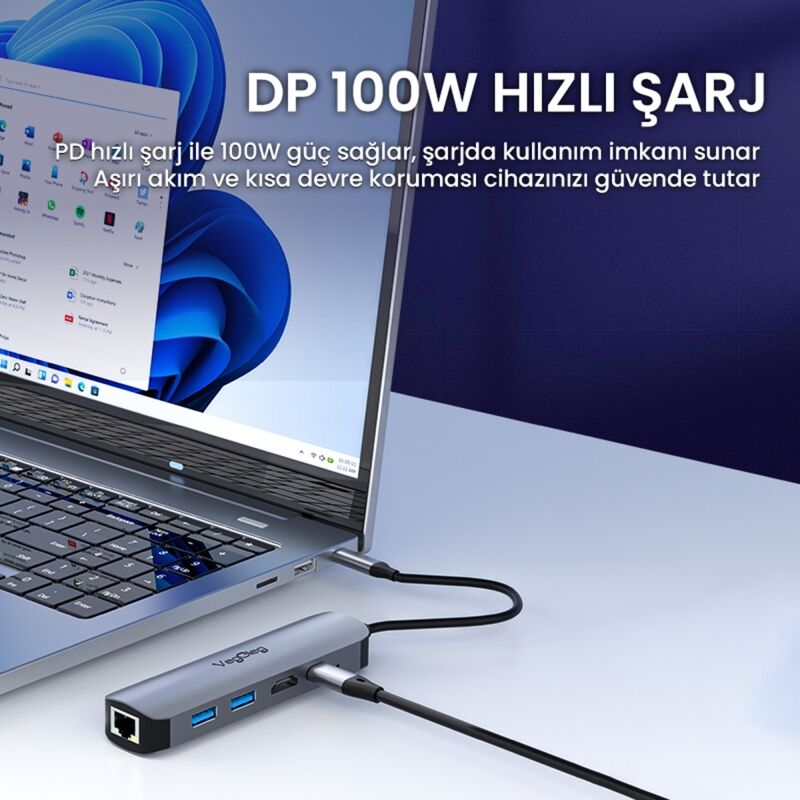 VegGieg Type-C PD100W 5 Portlu 4K 30Hz HDMI 100Mbps Ethernet USB 2.0 + USB 3.0 Çoklayıcı Hub - 3
