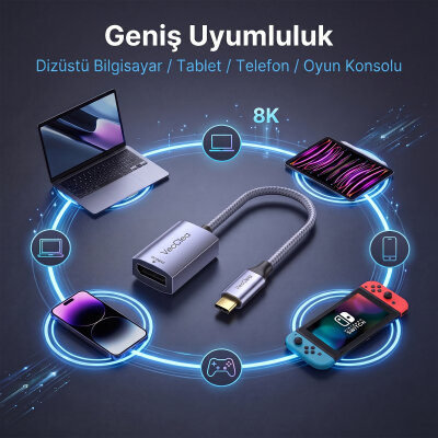 Veggieg Type-C to DisplayPort (DP) 8K 60Hz OFC Bakır Çevirici Dönüştürücü Adaptör - 2