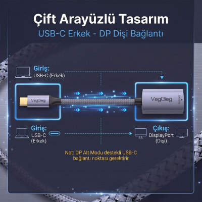 Veggieg Type-C to DisplayPort (DP) 8K 60Hz OFC Bakır Çevirici Dönüştürücü Adaptör - 5