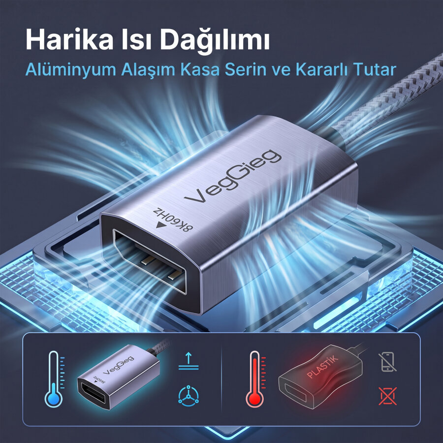 Veggieg Type-C to DisplayPort (DP) 8K 60Hz OFC Bakır Çevirici Dönüştürücü Adaptör - 6