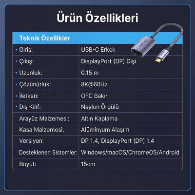 Veggieg Type-C to DisplayPort (DP) 8K 60Hz OFC Bakır Çevirici Dönüştürücü Adaptör - 8